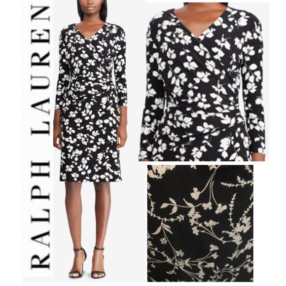 Lauren Ralph Lauren Wrap Dress Long Sleeve Dress Black White Floral Size 10 - Picture 1 of 15